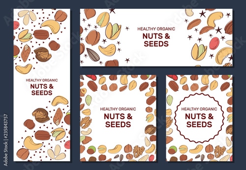 Card templates with cartoon colorful nuts and seeds. Set of AD-cards.