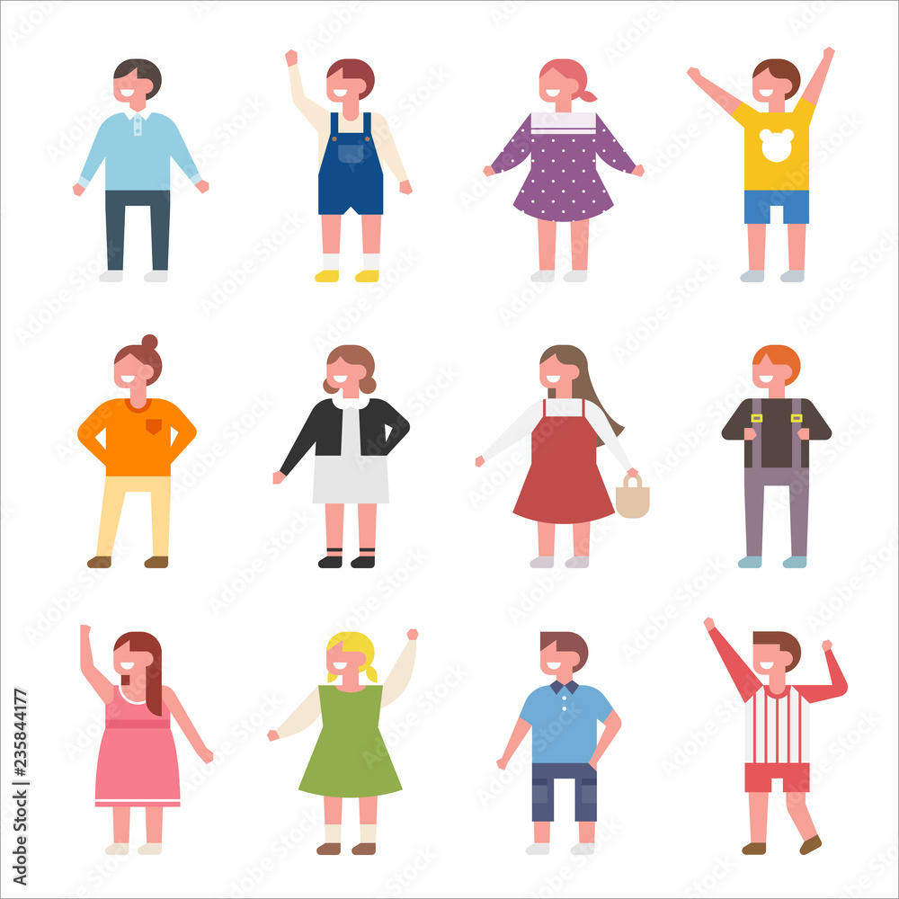various fashion style of cute children character set. flat design style vector graphic illustration.
