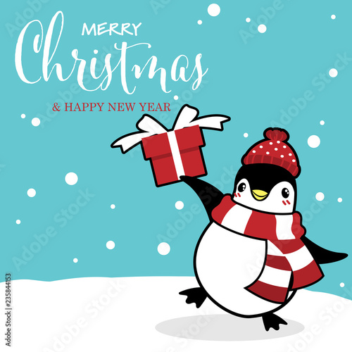 A cute penguin wearing red scarf holding a gift box on snowy ground on blue snowy sky. Vector illustration for winter holiday season.