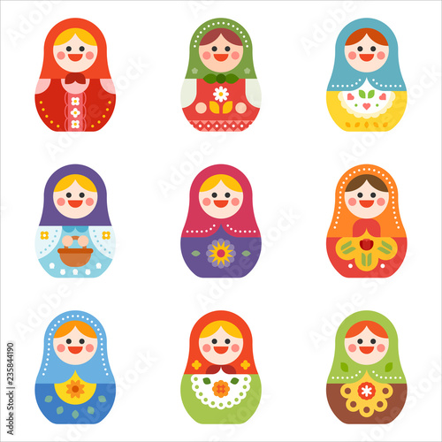 Cute Matryoshka doll icons set. flat design style vector graphic illustration.