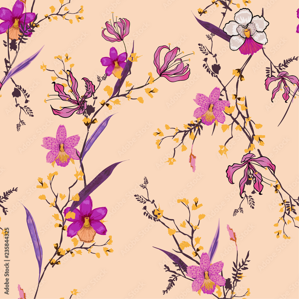 Beautiful hand drawing seamless pattern Blooming drawing florals background for textile decor and design. botanical wallpaper on peach light pink color