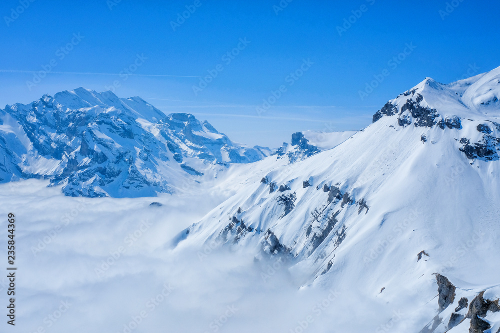 Stunning  view of snow moutain the Swiss Skyline from Schilthorn, Switzerland
