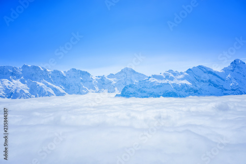 Stunning view of snow moutain the Swiss Skyline from Schilthorn, Switzerland