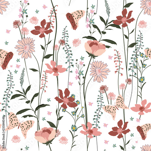 Sweet  gentel blooming pastel Seamless Pattern colorful wind blow flowers,  Isolated on whitet color. Botanical Floral Decoration Texture.
