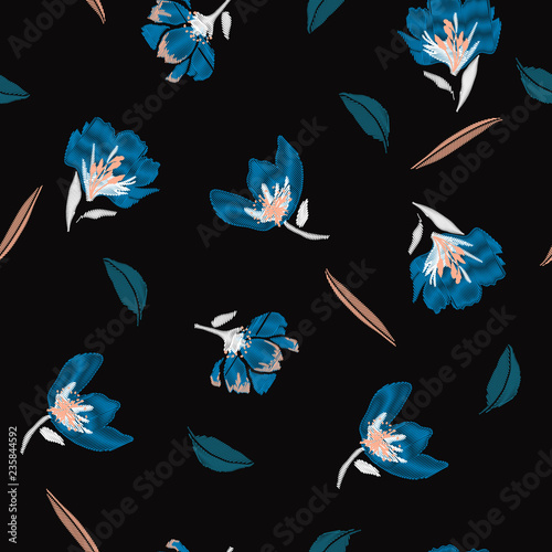 A dark night floral Embroidery flowers, spring seamless pattern. Classical blooming embroidery leaves, spring florals, seamless pattern. Fashionable