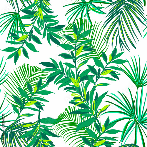 Greenery Tropical seamless pattern with exotic palm leaves forest . Vector illustration