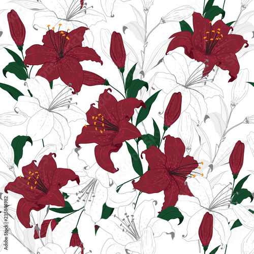 Beautiful outline Floral pattern Red lily flowers. Botanical  Motifs scattered random. Seamless vector texture. For fashion prints. Printing with in hand drawn technic