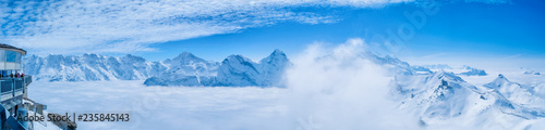 Stunning Panoramic view snow mountain of the Swiss Skyline from Schilthorn Piz Gloria  Switzerland