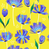 Beautiful  summer freshy Trendy Wild blooming flower tulip  seamless pattern in a hand drawing style. Aquarelle wild flower on stylish yellow background, texture