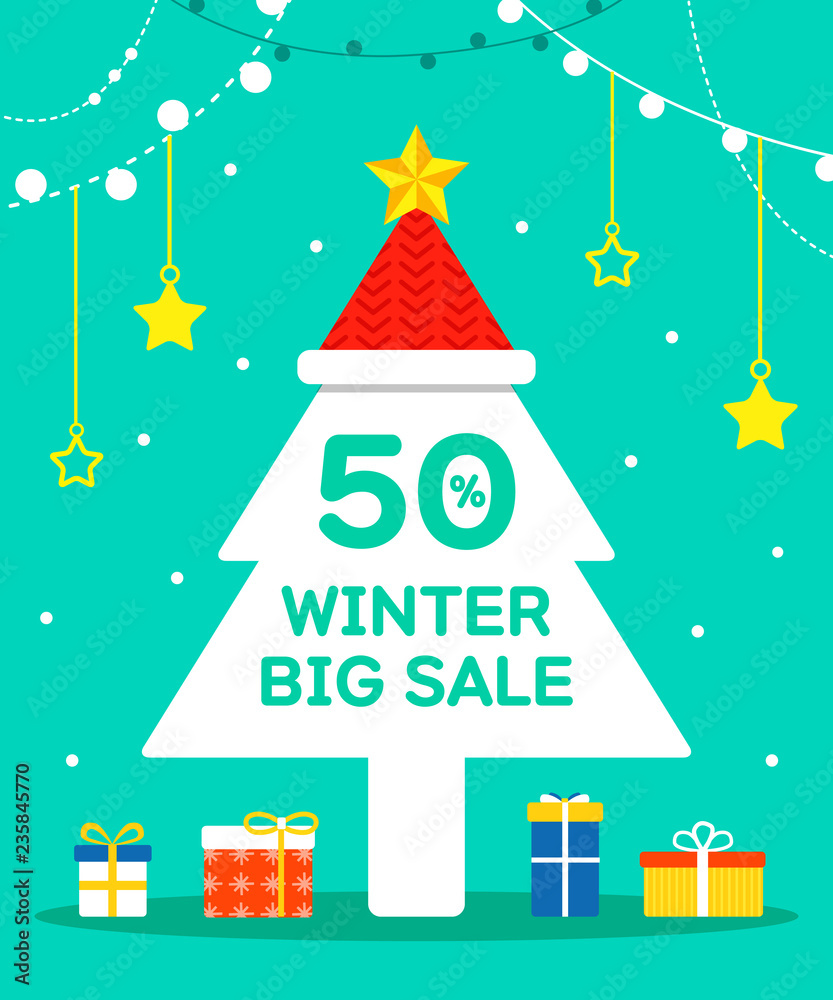 Winter sale vector poster design with white Christmas Tree, stars and winter sale text for shopping promotion. Vector illustration.