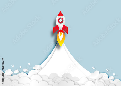 Paper Art of Spaceships flying across clouds background vector