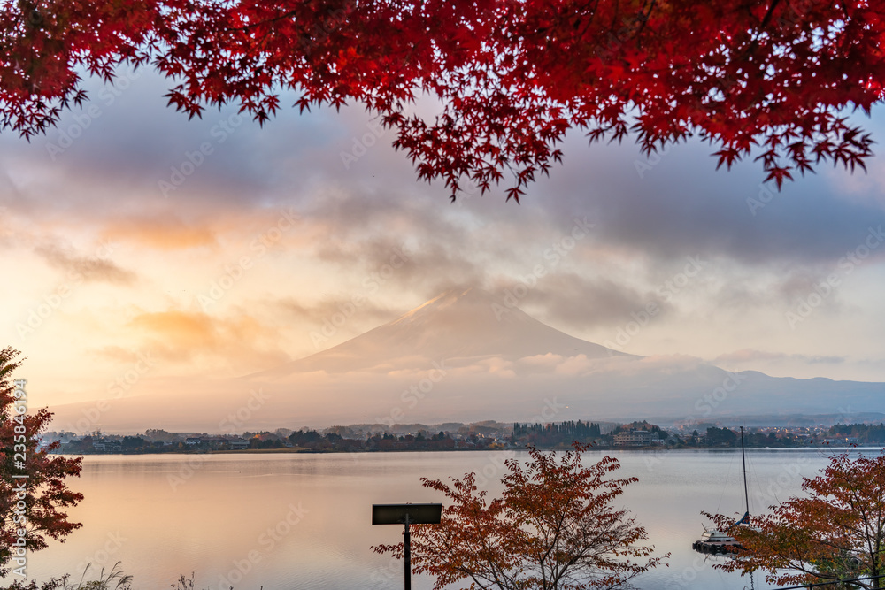 Beautiful Fuji san and Kawaguchiko lake with autumn leaves