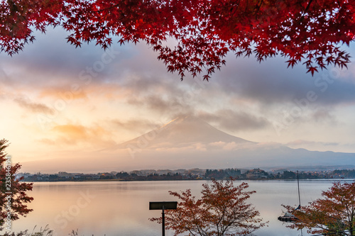 Beautiful Fuji san and Kawaguchiko lake with autumn leaves © goldquest