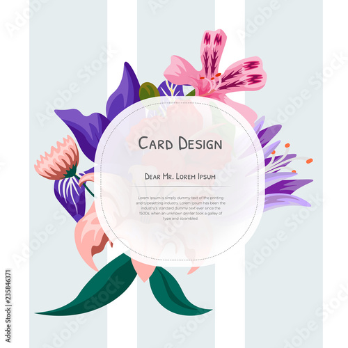Wedding Event Invitation card design with Tropical flowers, invite thank you, rsvp modern event cards Design. Tropical floral bright leaf branches decorative wreath & frame