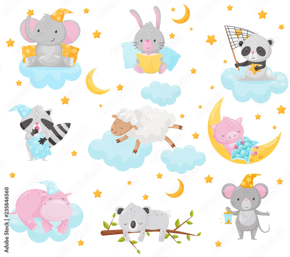 Cute little animals sleeping under a starry sky set, lovely elephant, bunny, panda, raccoon, sheep, piglet, hippo sleeping on clouds, good night design element, sweet dreams vector Illustration