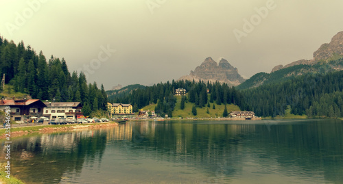 Auronzo di Cadore, Italy August 9, 2018: Misurina Mountain Lake. Beautiful tourist place with houses and cafes. © makam1969