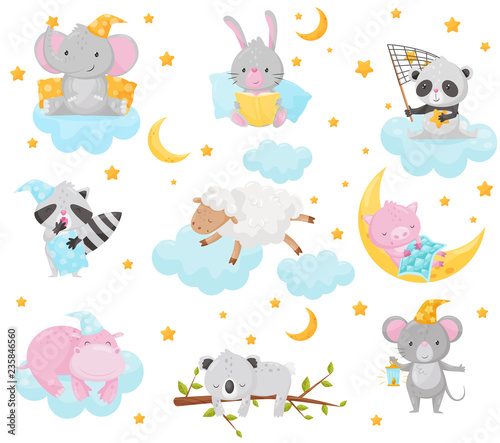 Cute little animals sleeping under a starry sky set, lovely elephant, bunny, panda, raccoon, sheep, piglet, hippo sleeping on clouds, good night design element, sweet dreams vector Illustration