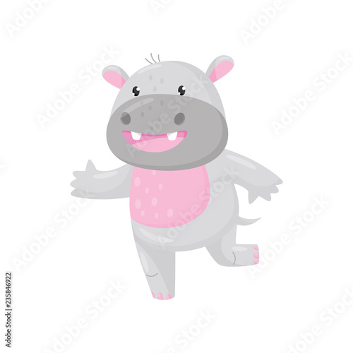 Cute smiling adorable hippo, lovely behemoth animal cartoon character vector Illustration