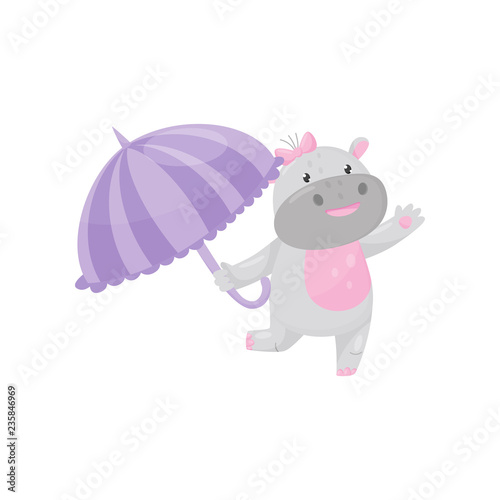 Cute adorable hippo walking with umbrella  lovely behemoth animal cartoon character vector Illustration