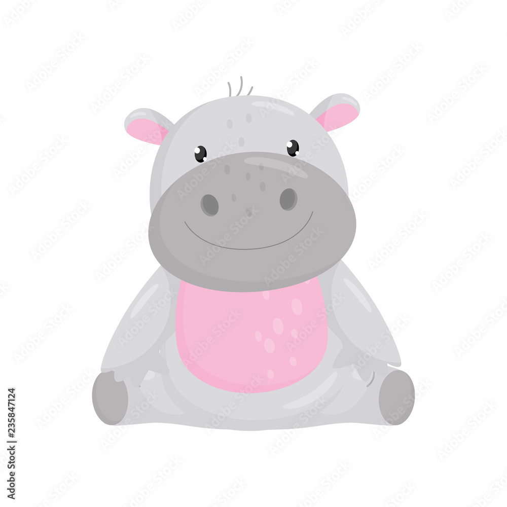 Fototapeta premium Cute adorable hippo sitting on the floor, lovely behemoth animal cartoon character vector Illustration
