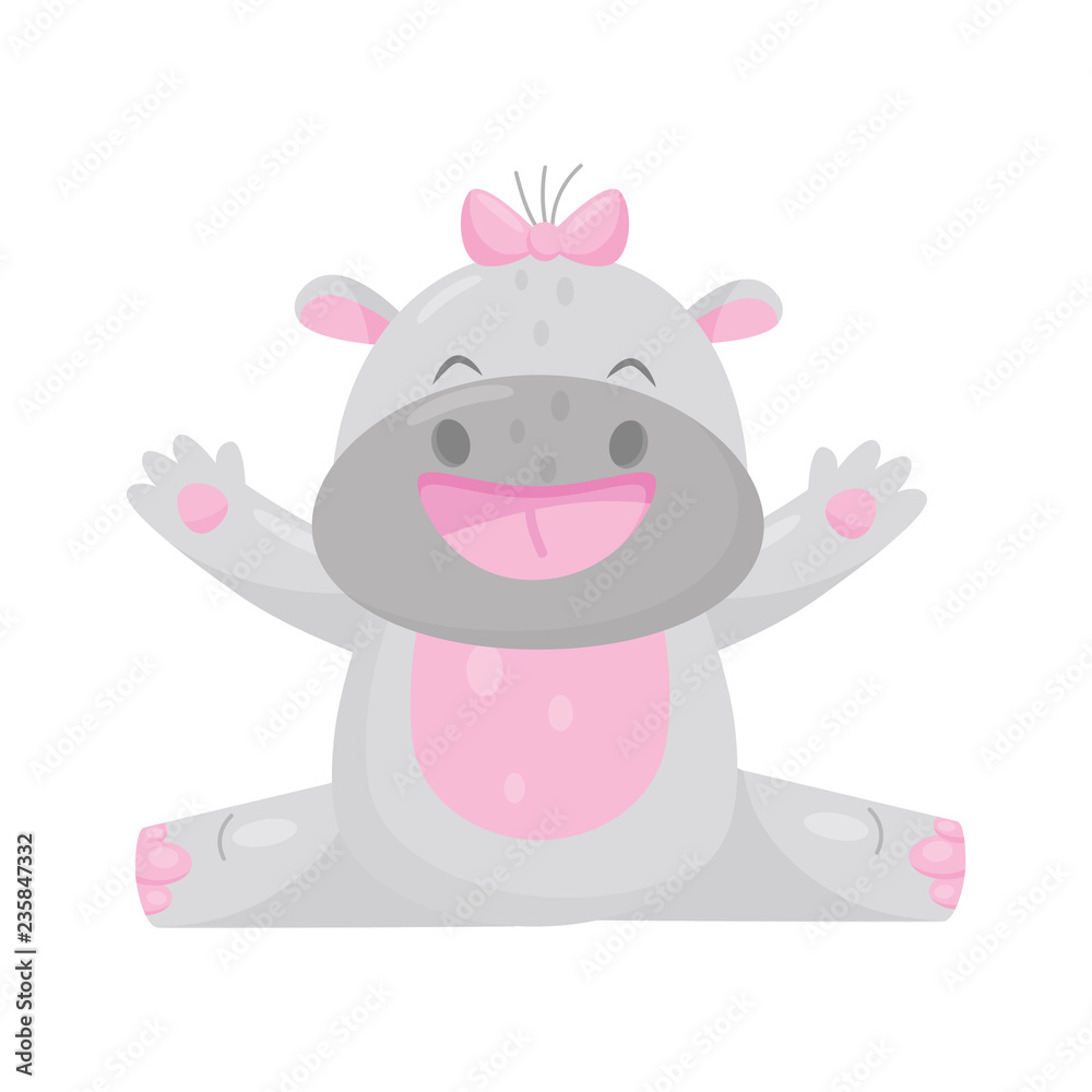 Cute adorable smiling hippo with a pink bow, lovely behemoth animal cartoon character vector Illustration