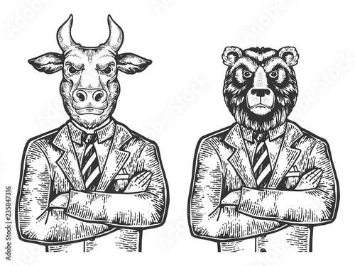 Bull and Bear head stock exchange worker businessmean engraving vector illustration. Scratch board style imitation. Black and white hand drawn image.