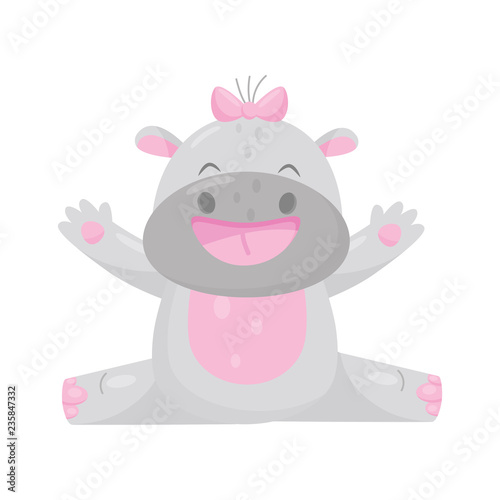 Cute adorable smiling hippo with a pink bow, lovely behemoth animal cartoon character vector Illustration