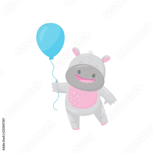 Cute smiling hippo with a blue balloon, lovely behemoth animal cartoon character vector Illustration