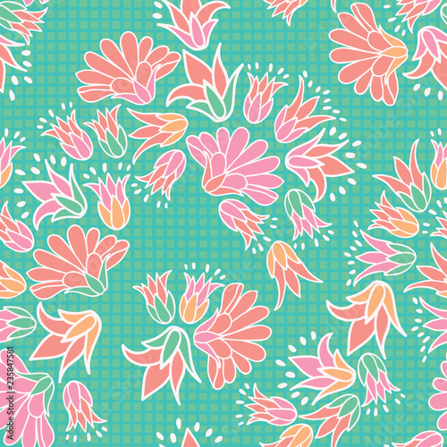 Pink Orange Flowers Seamless Vector Repeat Pattern Background