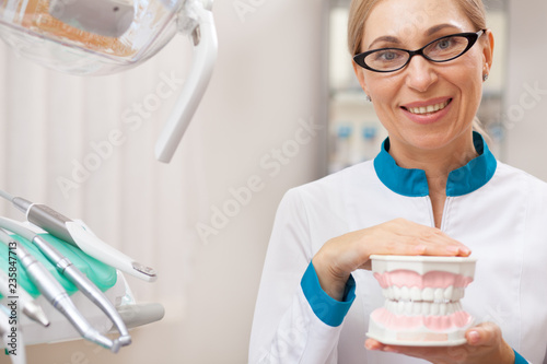Mature female dentist smiling joyfully to the camera, holding denture model, posing at her office, copy space. Cheerful dentist holding dental mold. Friendly stomatologist at work. Dentistry concept © Ihor