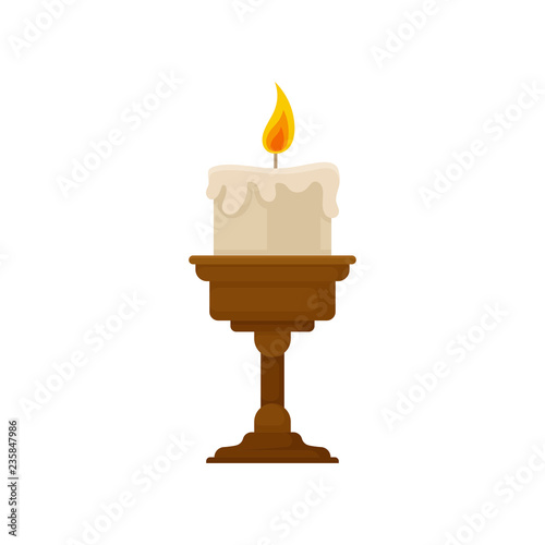 Burning candle with melting wax on a small bronze candlestick, vintage candle holder vector Illustration on a white background