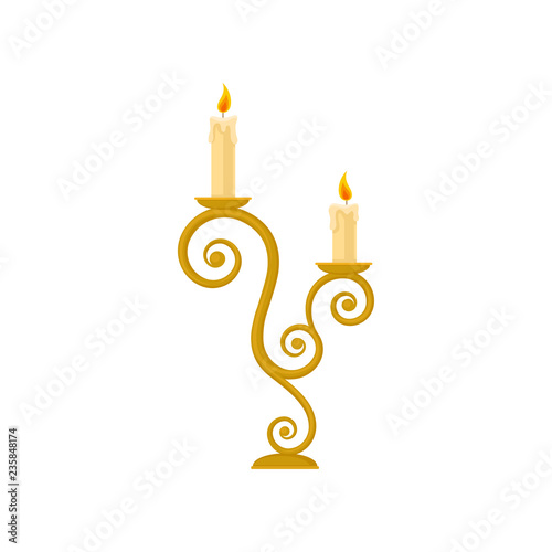 Candles in a candlestick, curve vintage golden candle holder vector Illustration on a white background