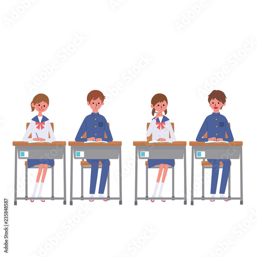  勉強する　こども　机に座る　生徒　学生　イラスト