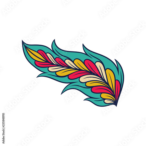 Ornament of feather. Abstract indian pattern. Colorful line design. Oriental vector element