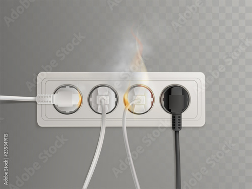 Flaming power plugs in horizontal electrical socket realistic vector illustration isolated on transparent background. Short circuit in outlet because of overload, bad wiring concept. Home fire cause