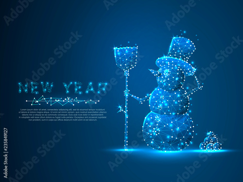 Snowman Polygonal space low poly with connecting dots and lines. Winter holiday snowman with a broom wireframe concept. Connection structure. Vector on dark blue background