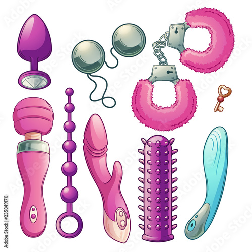 Sex toys for women pleasure and erotic role play cartoon vector set with various shape dildos and vibrators, fluffy handcuff and butt plugs illustration. Sex shop assortment, accessories collection