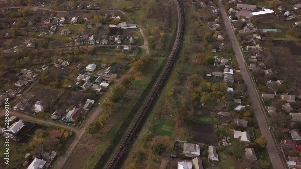 Aerial: The railroad through the Kamianka town, Ukraine Aerial: The railroad through the Kamianka town, Ukraine