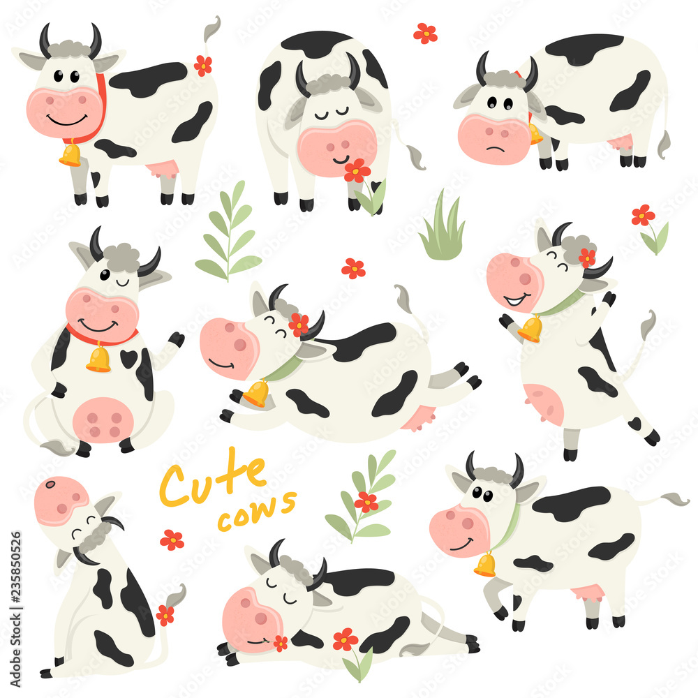 Set of cute Cows character in various positions