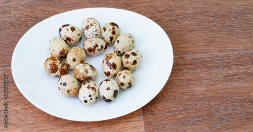 top view of raw quail eggs on a white plate