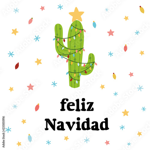 Merry Christmas banner. Happy cactus in a Christmas garland stars snow. Cute vector greeting card. Title in Spanish