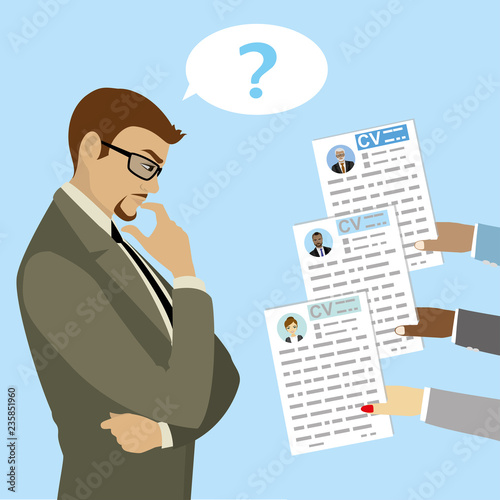 Caucasian Businessman makes a choice between CV candidates, hiring concept