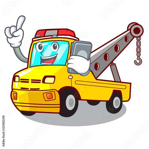 With phone Cartoon tow truck isolated on rope
