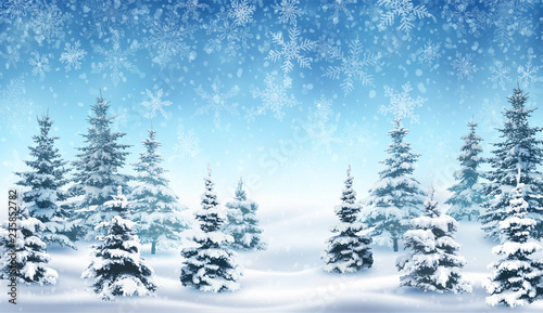 Background with Falling Snow and Forest