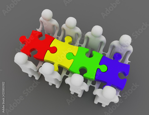 3d teamwork concept. people and puzzles . 3d rendered illustration photo