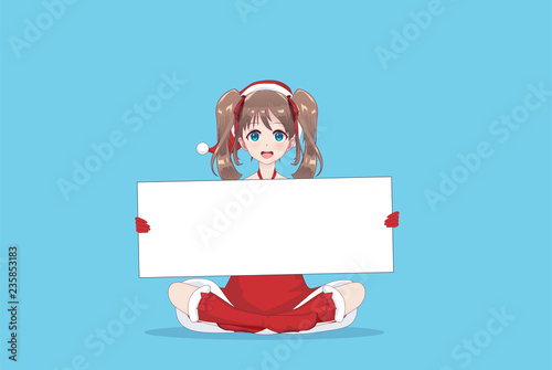 Japanese Asian woman holding white big sign board © ApoevArt