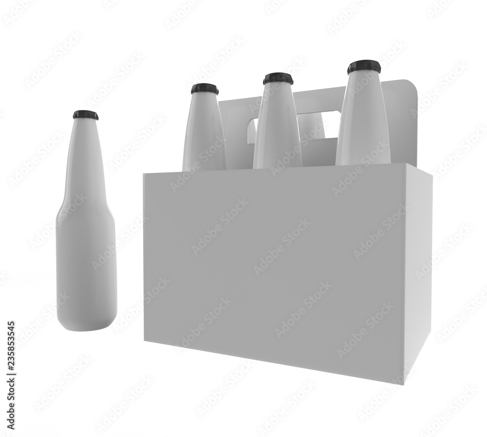 glass beer bottles in black box on white background. 3d illustration