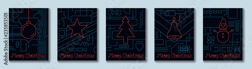 Merry Christmas Holiday Greeting Card. Geometry lines, art techno style. Line art design. Vector Illustration.