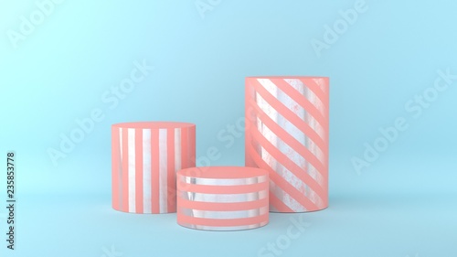 Cylinder podium with silver stripes, minimalistic primitive shapes, modern mock up, empty showcase, shop display, pastel pink color, blue background. 3d rendering.