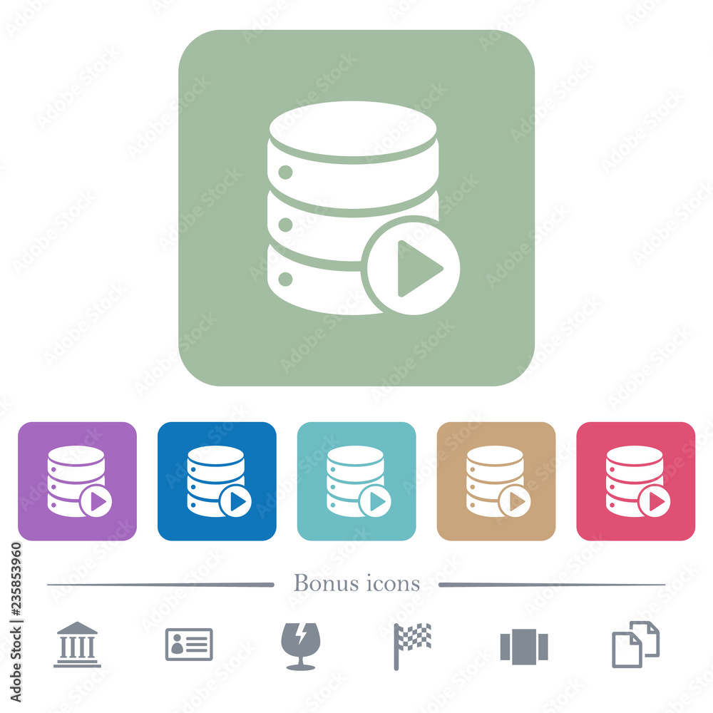 Database macro play flat icons on color rounded square backgrounds Database macro play flat icons on color rounded square backgrounds